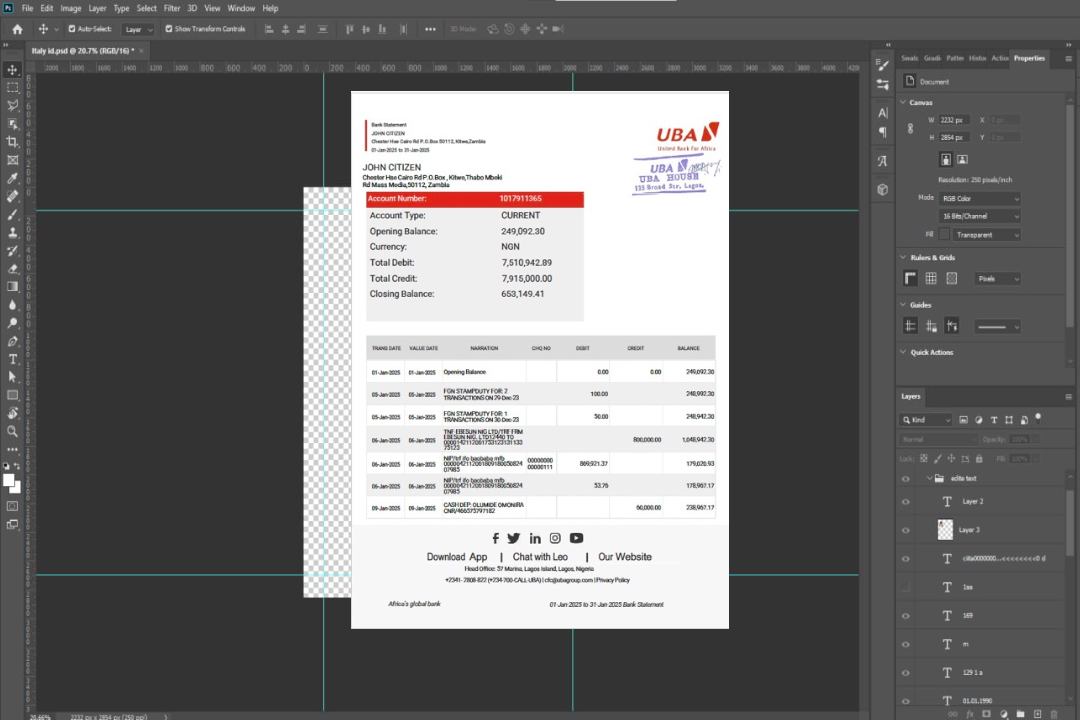 Zambie United Bank for Africa Relevé bancaire Modèle Word et PDF template
